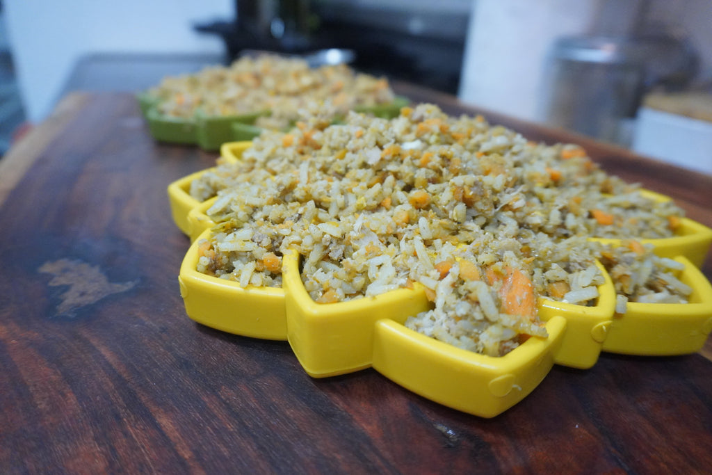 Yellow mandala maze bowl filled with cooked chicken, rice, yams, peas, sardines, salmon oil and carrots, arranged on a dark wooden cutting board.